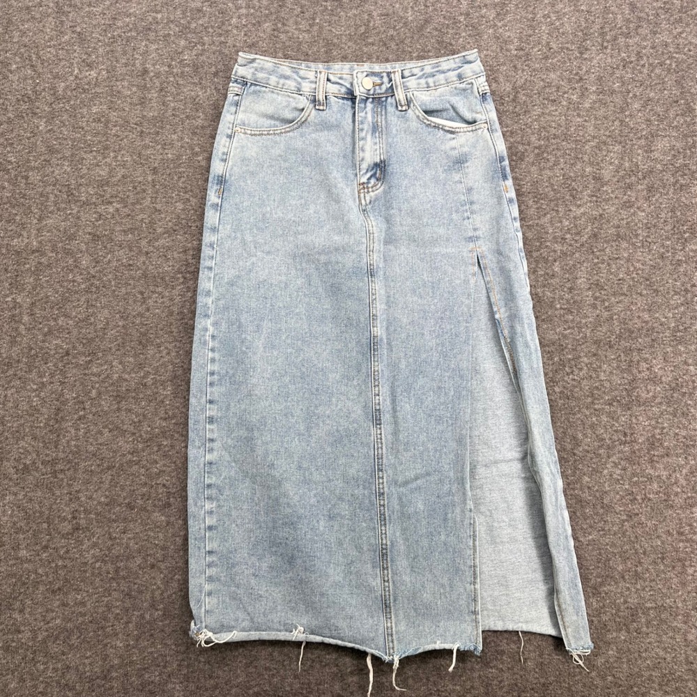 Shein Light Wash Denim Maxi Skirt High Waisted Side Slit Raw Hem Blue Size L - Picture 2 of 12